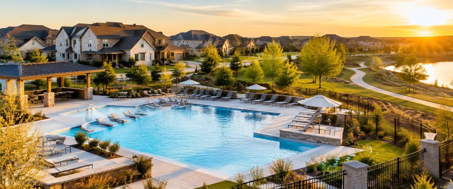 A modern master-planned neighborhood with a community pool and trails in Alamo Ranch