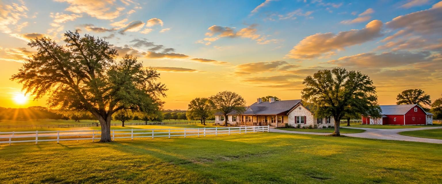 A ranch-style home on open acreage with a white fence and red barn in China Grove