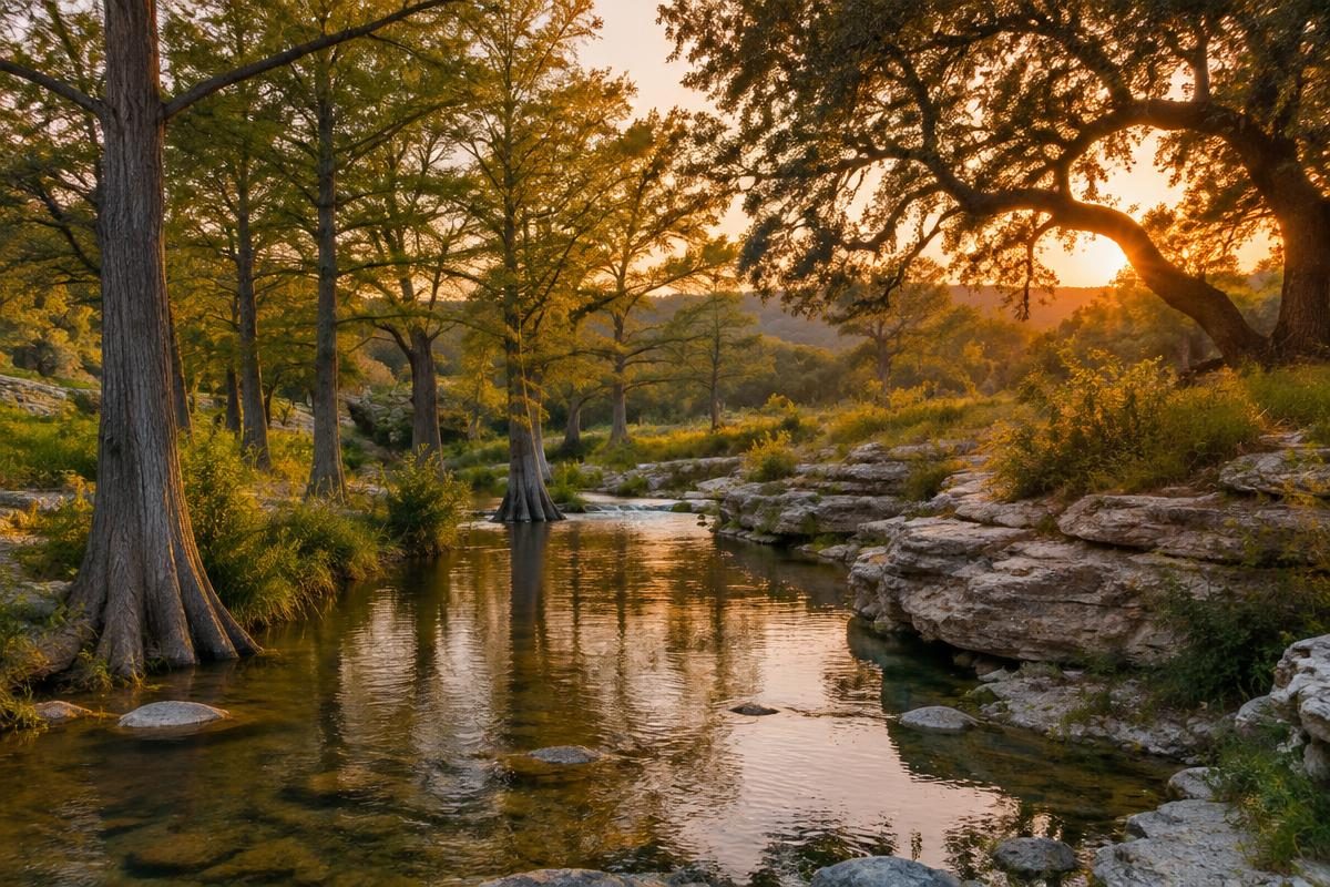 A cypress-lined creek winding through a Hill Country property in Fair Oaks Ranch