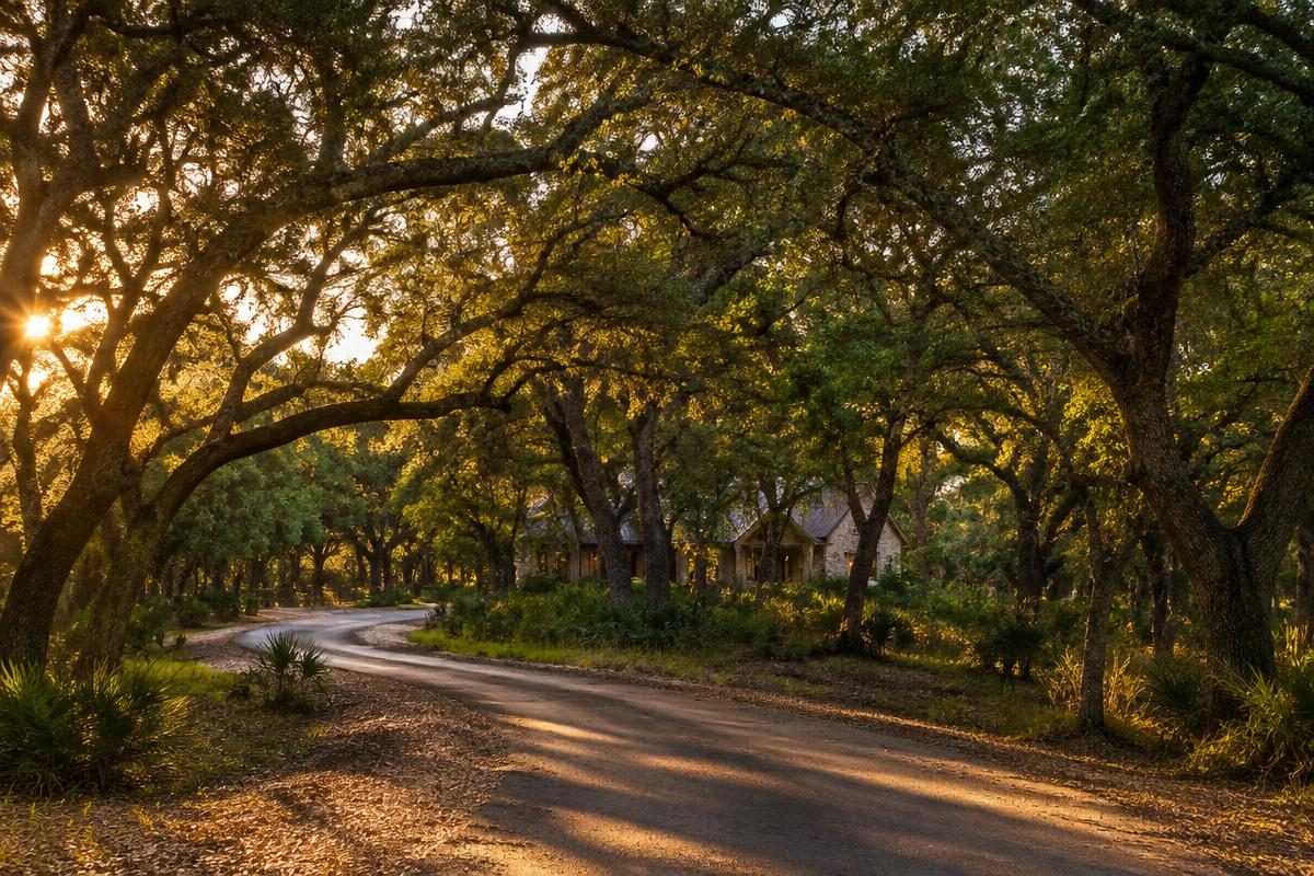 A quiet country road shaded by a live oak canopy in Garden Ridge