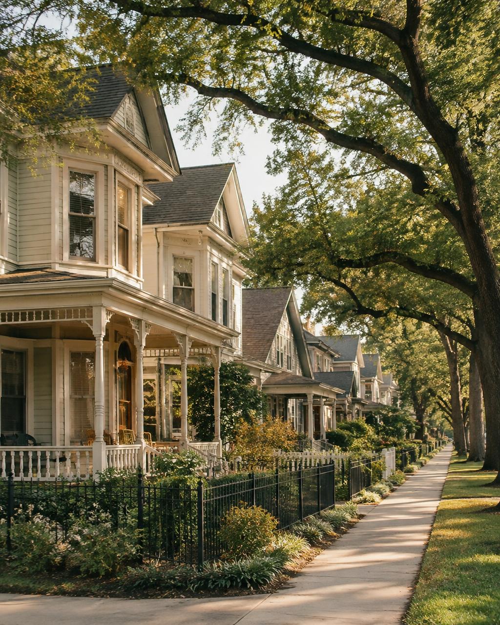 Restored historic homes with front porches along a shaded Houston Heights street