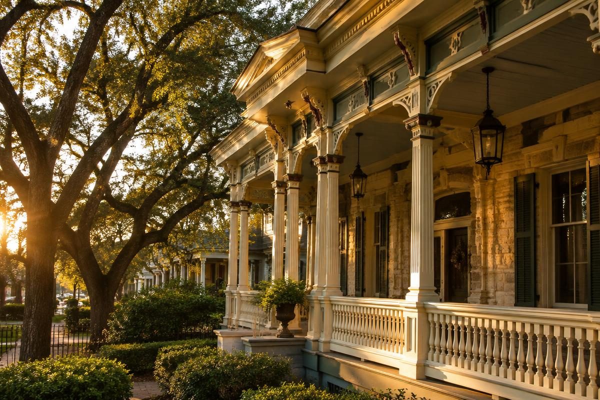 Ornate wraparound porch of a restored 1800s mansion in King William