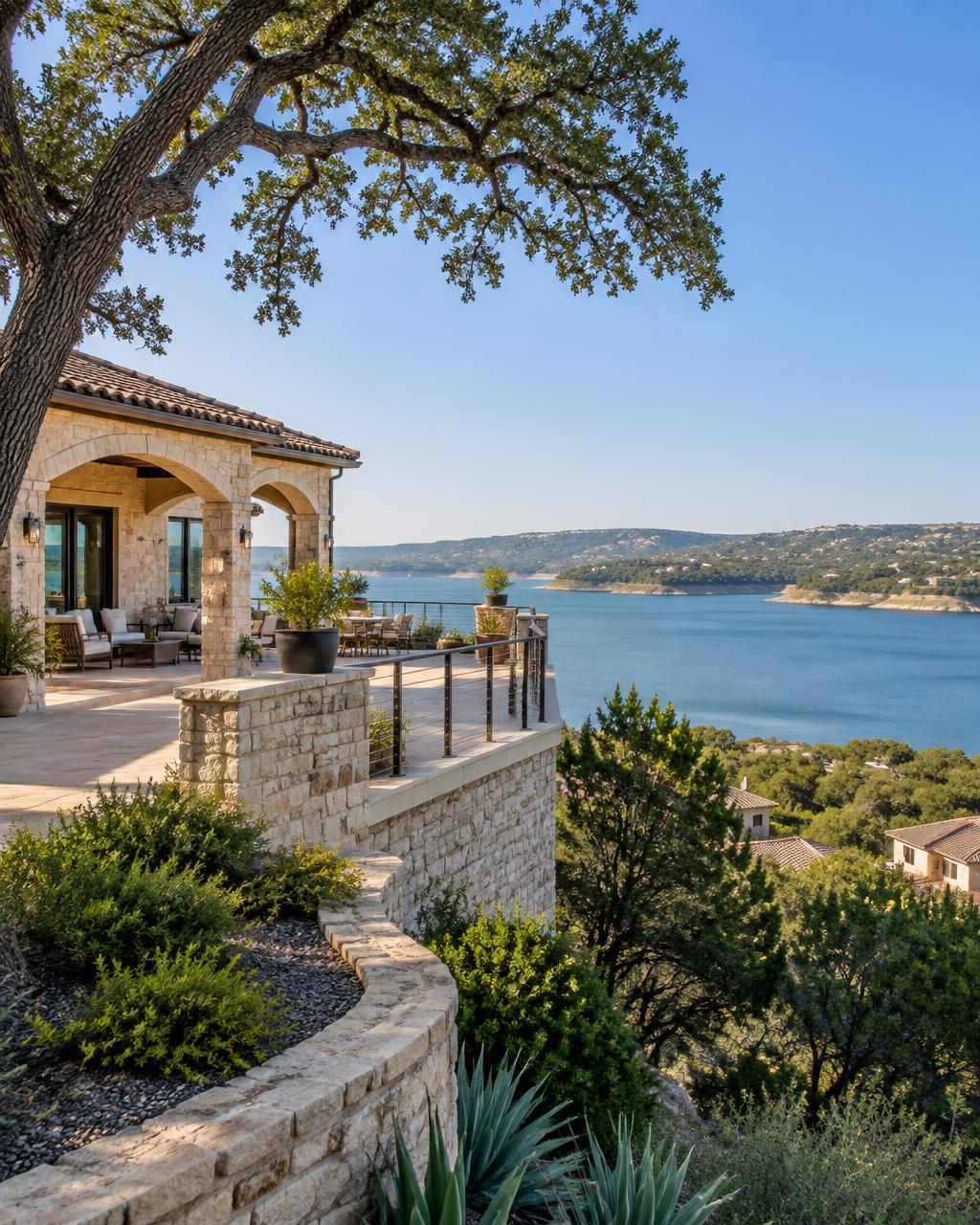 A Lakeway terrace looking across Lake Travis and the Hill Country