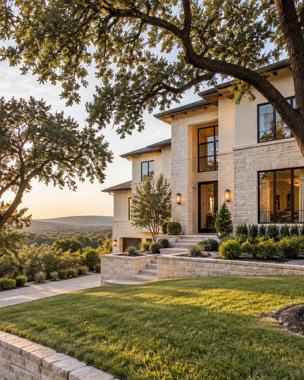 A limestone contemporary home among live oaks in Northwest Hills, Austin