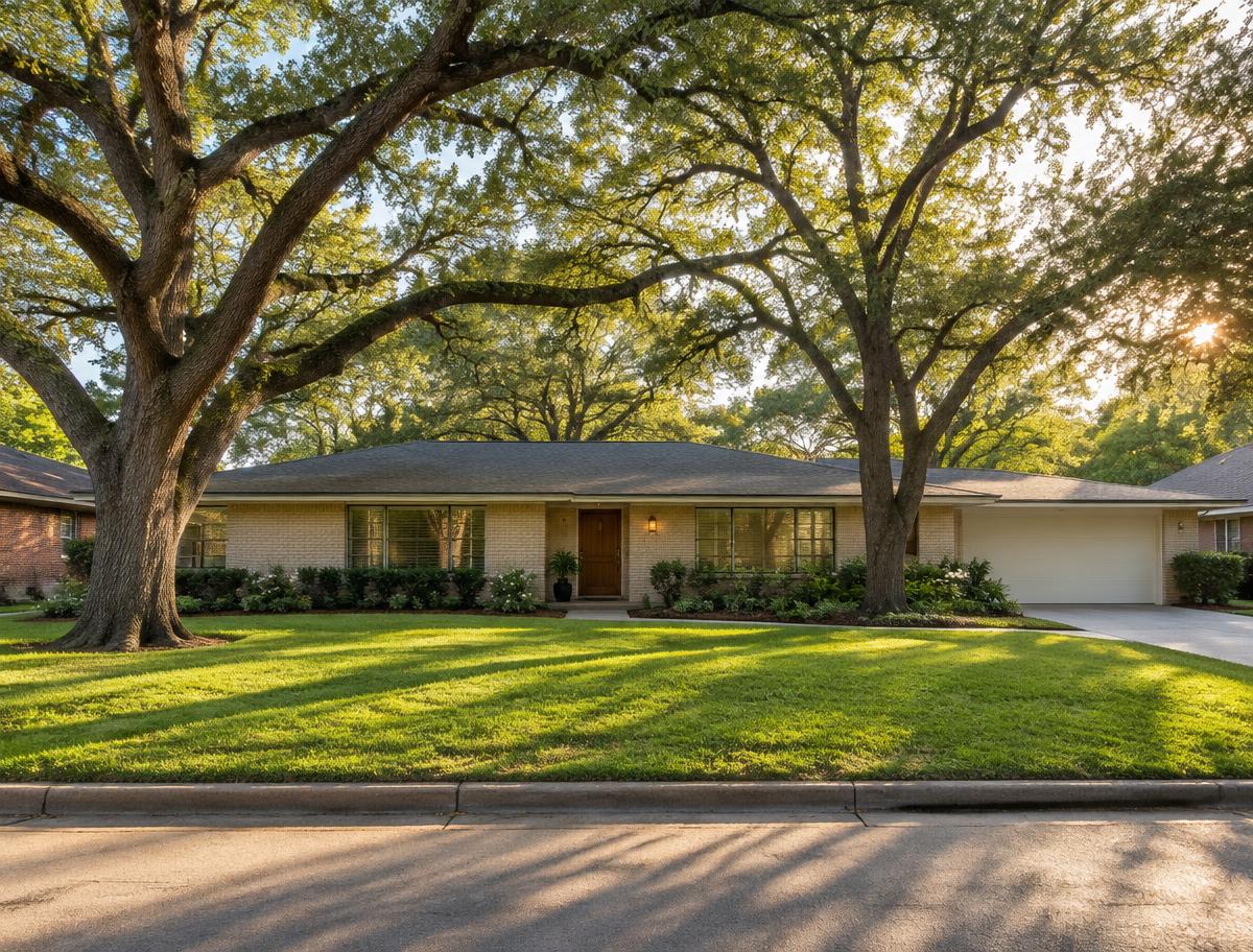 A mid-century ranch home beneath mature oak trees in Oak Forest