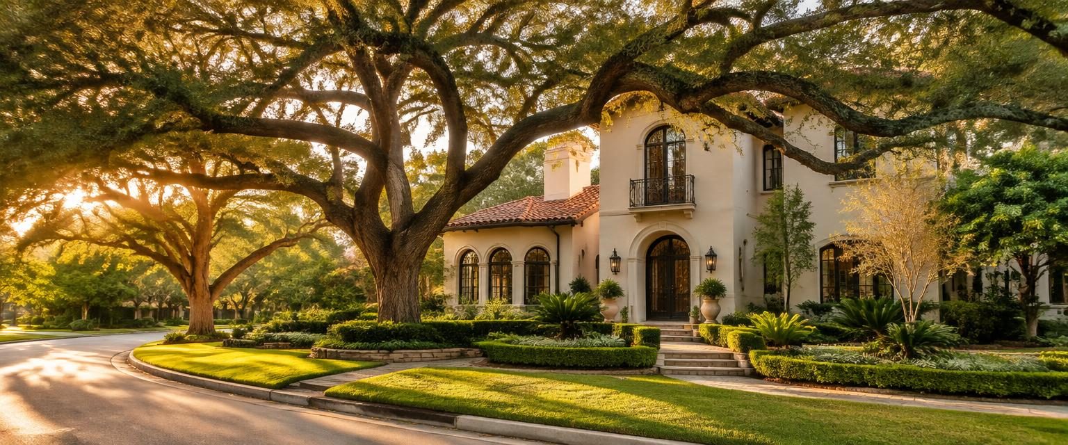 A grand Spanish Revival estate under massive live oaks on a winding Olmos Park street