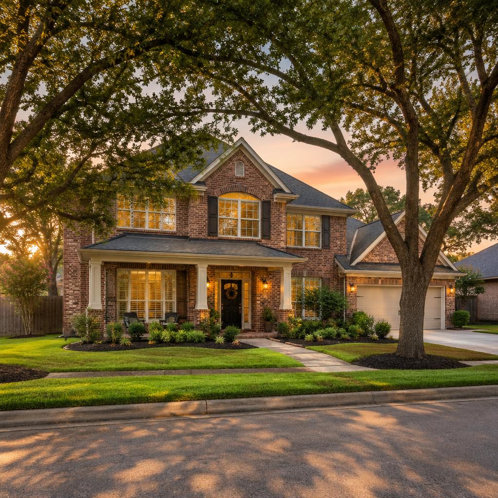 A welcoming brick family home on a tree-lined Pearland street