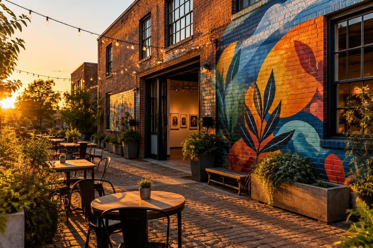 A mural-covered brick gallery and cafe patio in Southtown
