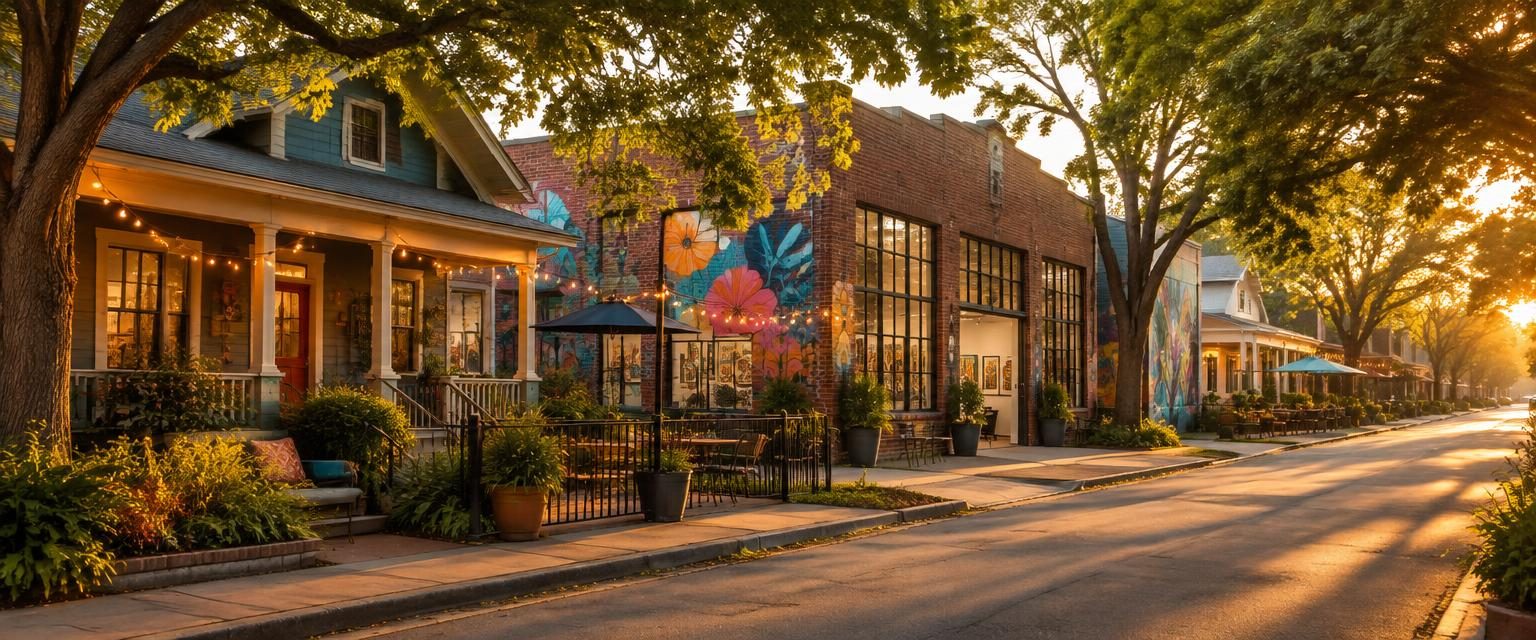 Colorful renovated bungalows and brick warehouse galleries with murals and cafe patios in Southtown