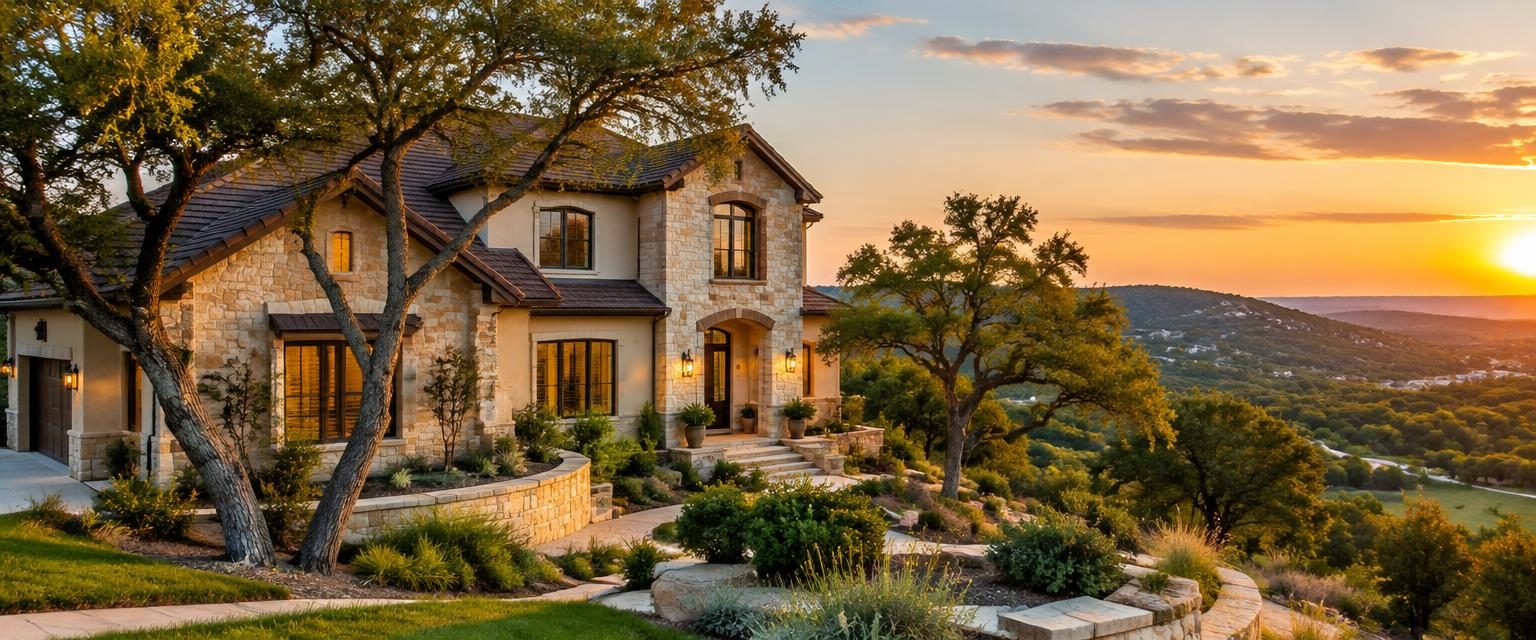 An upscale stone and stucco home on a Hill Country hillside with live oaks in Stone Oak