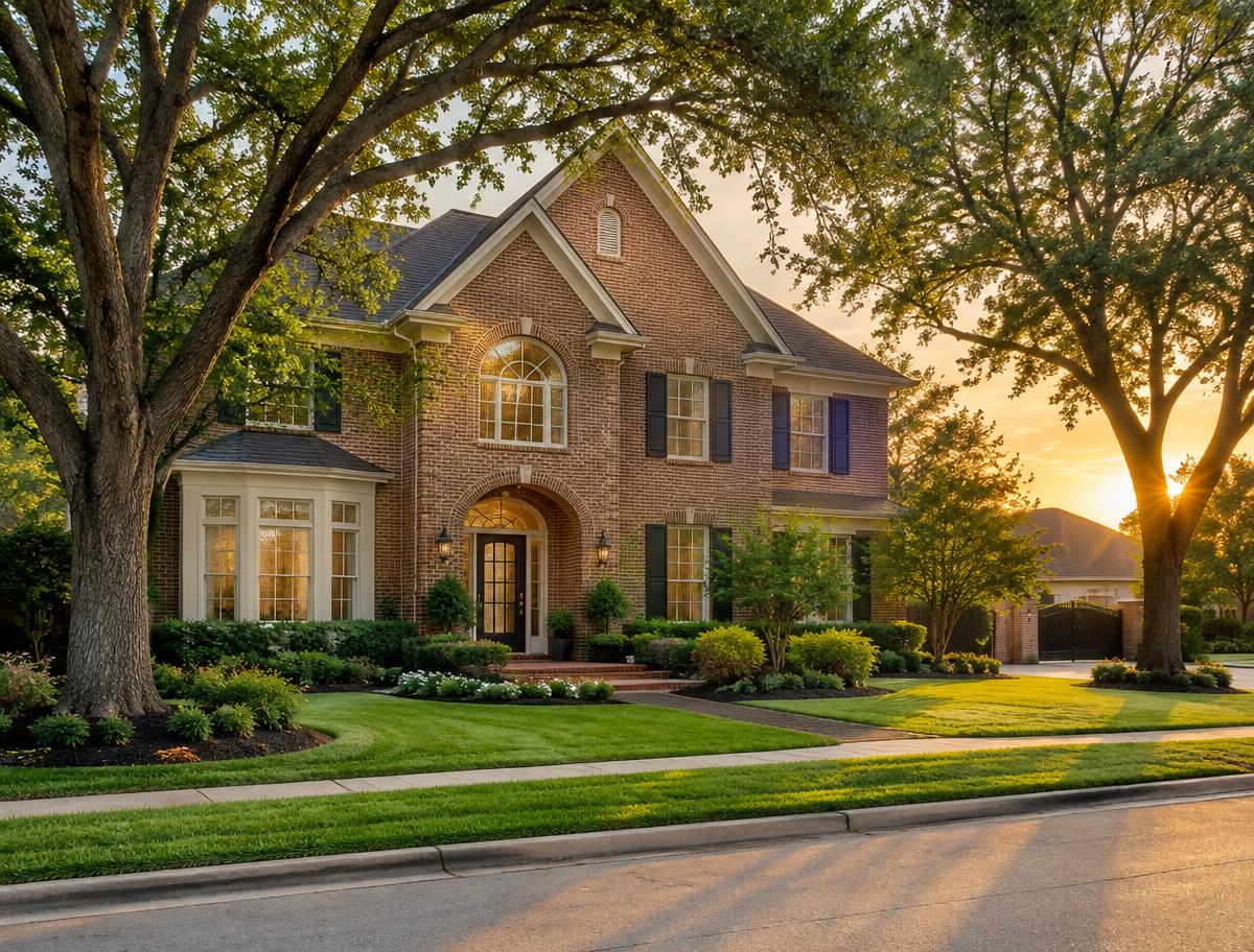 A brick family home with manicured landscaping in Sugar Land