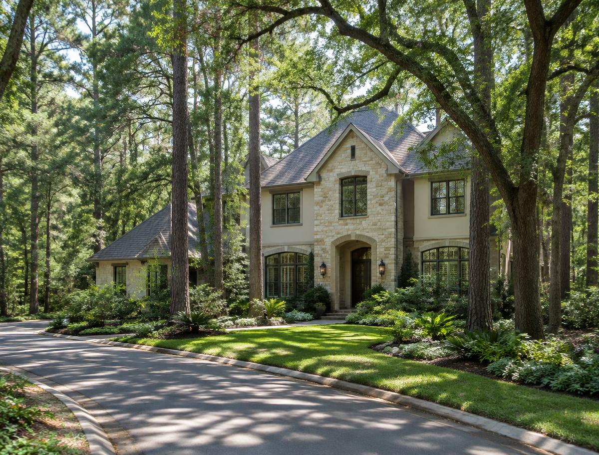 A contemporary wooded residence surrounded by trees in The Woodlands