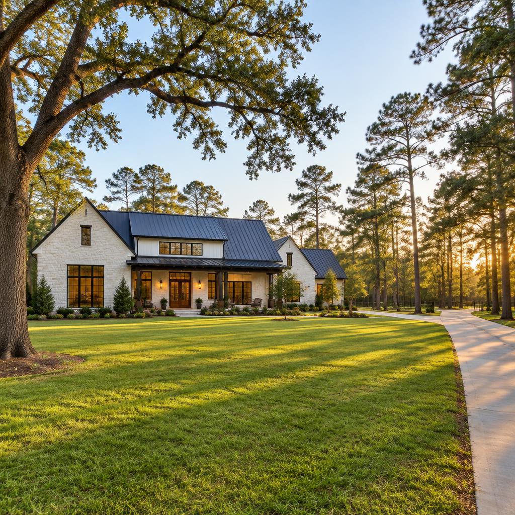 A farmhouse-style home among tall pines in Tomball