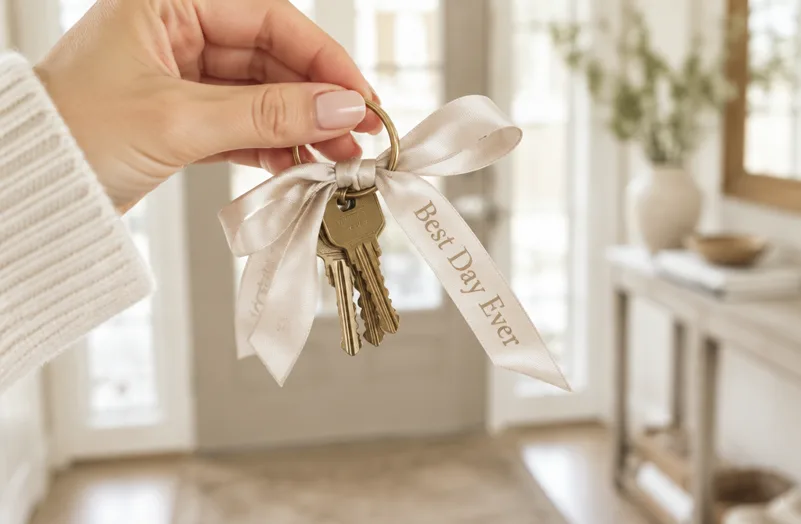 Woman's hand holding new house keys with a 'Best Day Ever' ribbon
